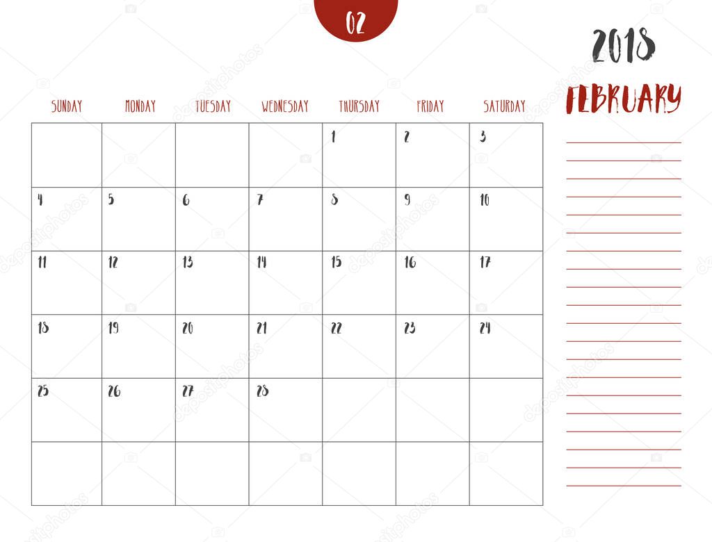 Vector of calendar 2018 ( february ) in simple clean table style