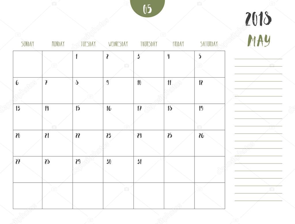 Vector of calendar 2018 ( may ) in simple clean table style with