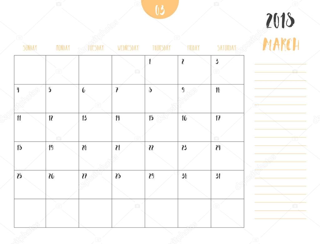 Vector of calendar 2018 ( march ) in simple clean table style wi