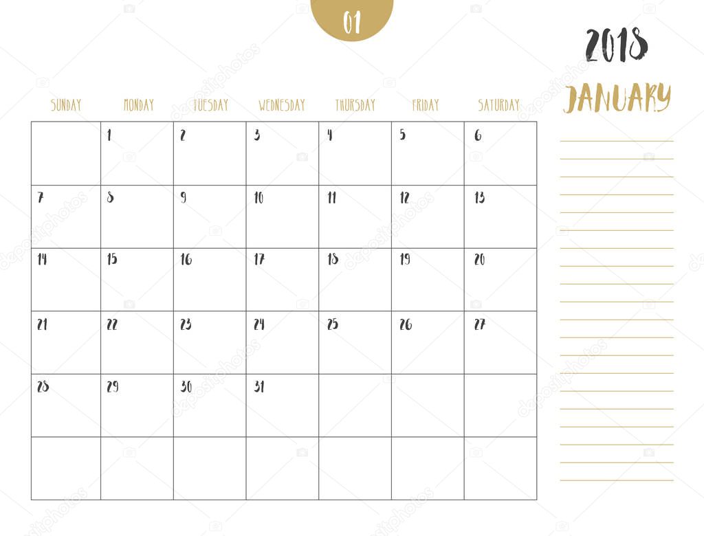 Vector of calendar 2018 ( january ) in simple clean table style 