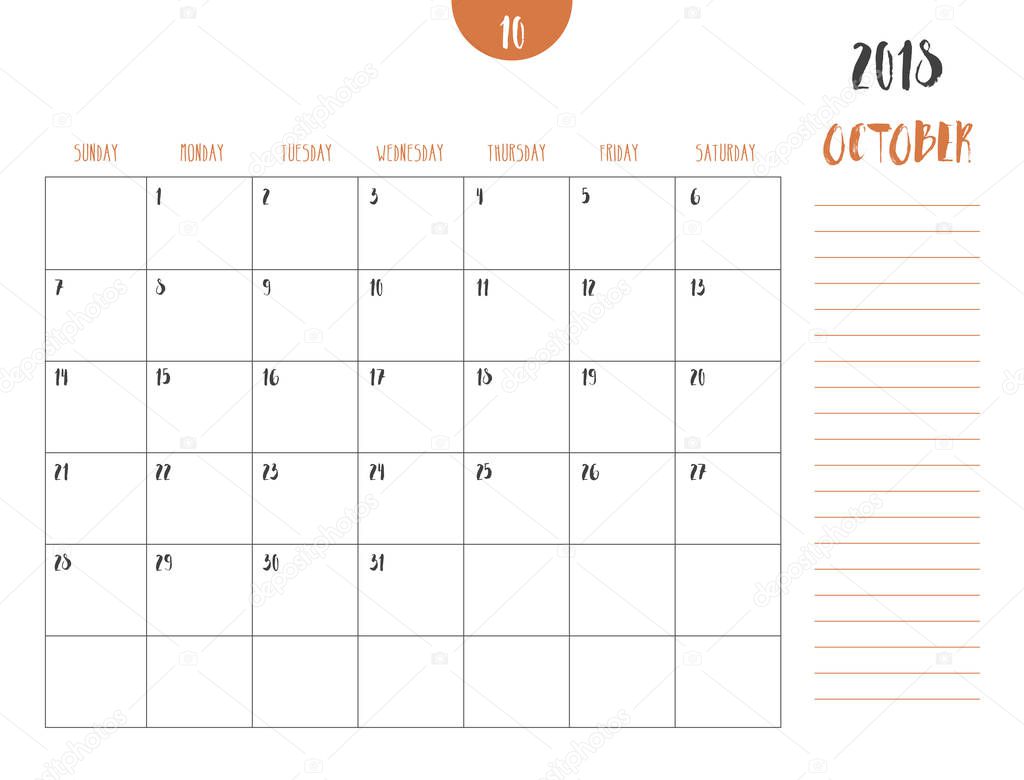Vector of calendar 2018 ( october ) in simple clean table style 