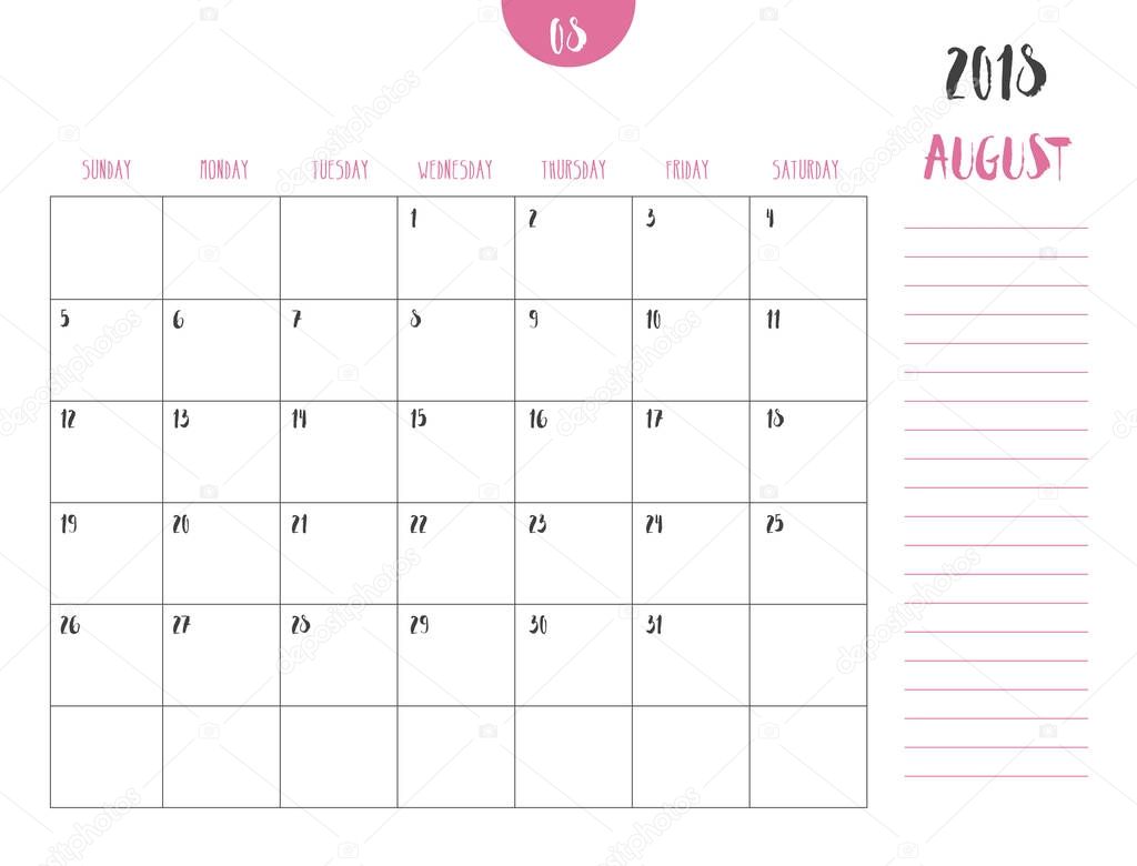 Vector of calendar 2018 ( august ) in simple clean table style w
