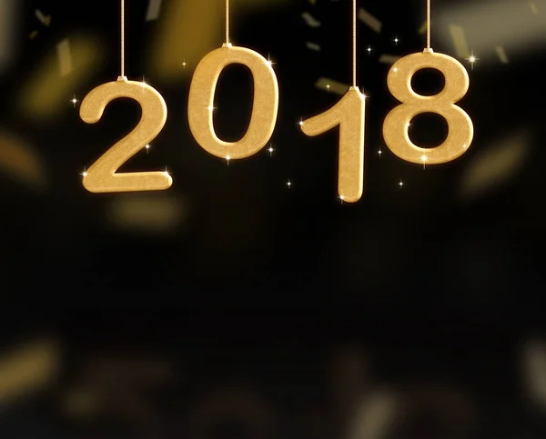 New year 2018 gold color hanging with confetti at black glossy s — Stock Photo, Image