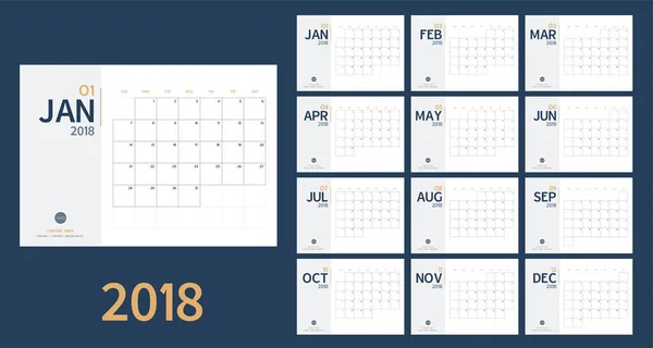 Vector de 2018 calendario de año nuevo en la tabla mínima limpia estilo simple y color azul y amarillo, planificador de eventos de vacaciones, Semana comienza el domingo, tamaño A5 — Vector de stock