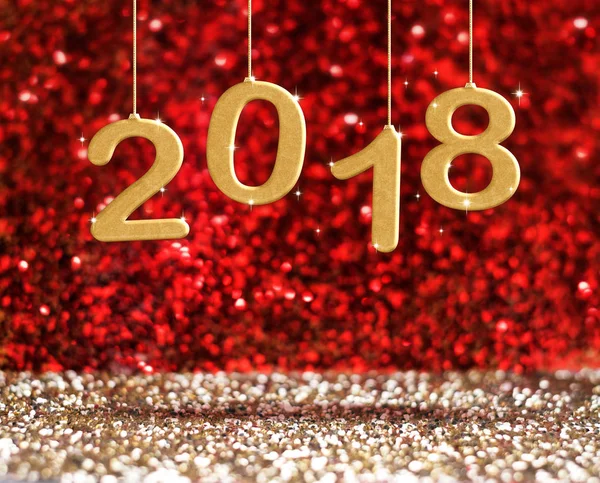 Año nuevo 2018 (3d renderizado) color oro cuelgan en perspectiva rojo — Foto de Stock