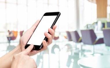 Yardım'ı tıklatın hareket eden telefon ile bulanıklık banka counter arka plan bokeh 