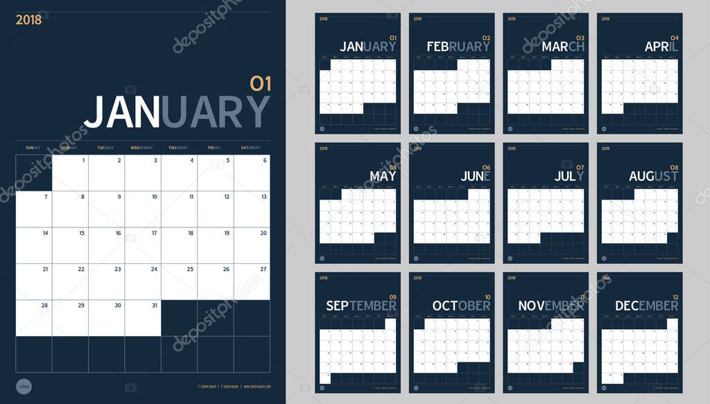Vector of 2018 new year calendar set in clean minimal table simp