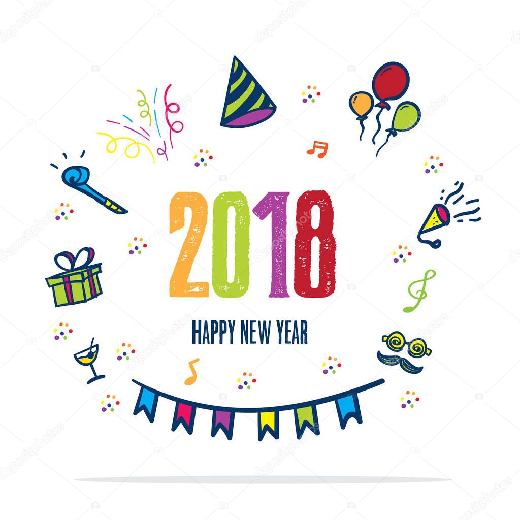 2018 happy new year doodle party colorful icon on white backgrou