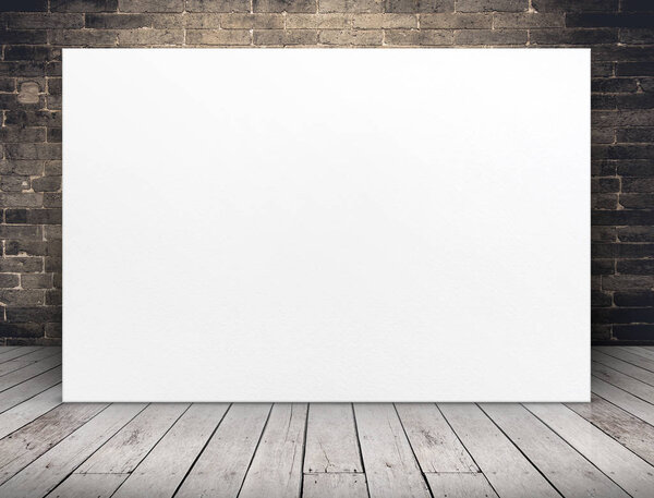 Blank long white paper poster at grunge brick wall and plank wood floor,Mock up template for adding your content or design,Business presentation.