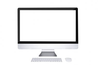 Masaüstü bilgisayar monitörü, klavye, mouse beyaz arkasında izole