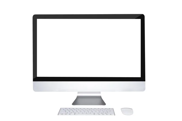 Monitor de computadora de escritorio, teclado, ratón aislado en la parte posterior blanca — Foto de Stock