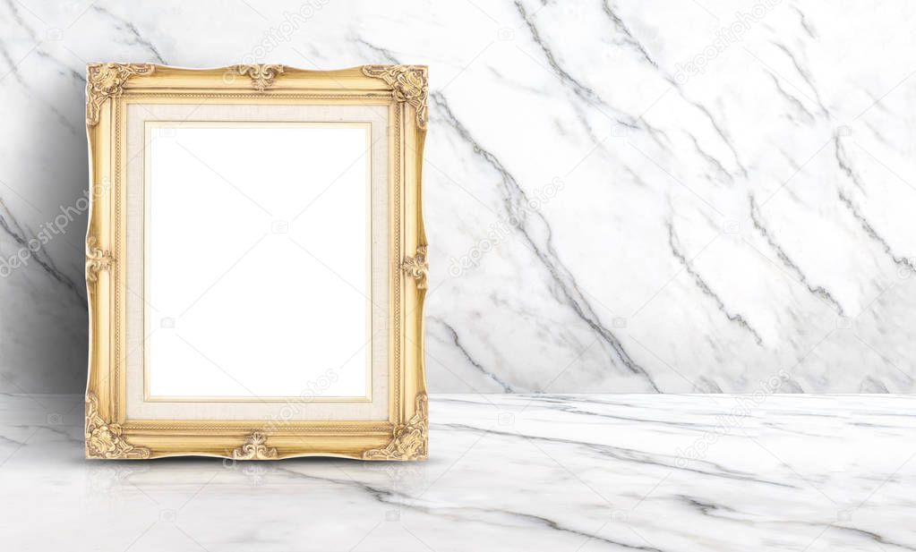 Empty golden vintage frame at white clean marble wall and floor 