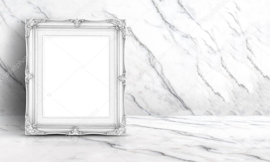 Blank white vintage frame at white clean marble wall and floor b