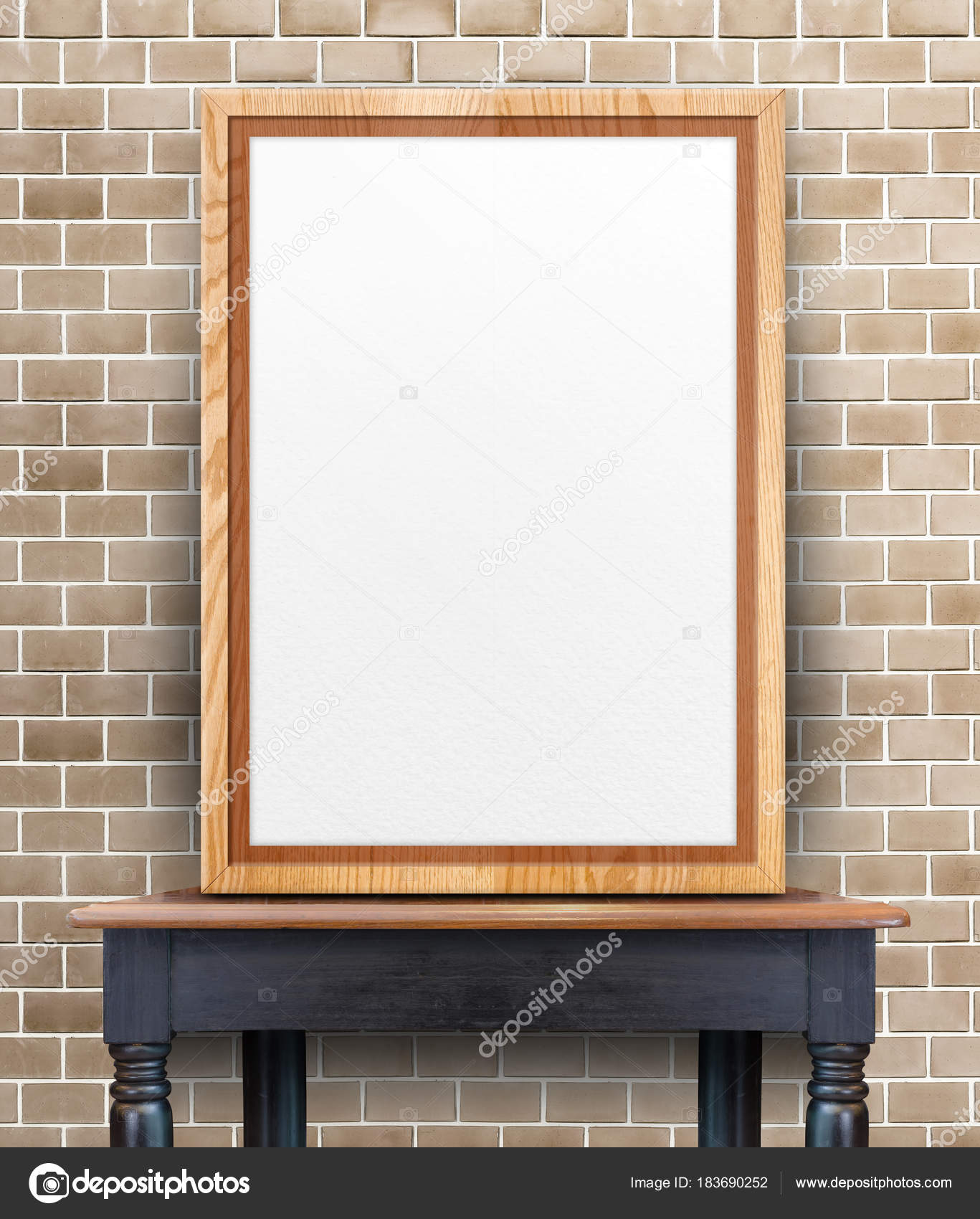 Blank Wooden Photo Frame Leaning At Brick Wall On Vintage Wood T Blank Wooden Photo Frame Leaning At Brick Wall On Vintage Wood T Stock Image