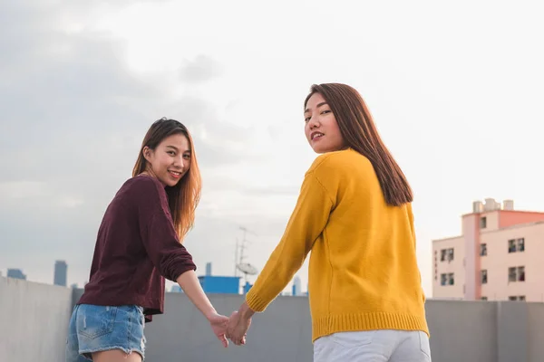Две лесбиянки держатся за руки и ходят вместе по крыше — стоковое фото