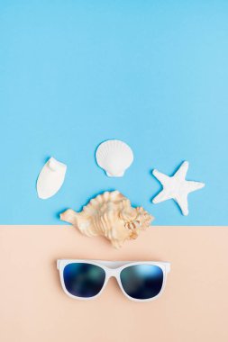 Dizi yaz nesne güneş gözlüğü, kabuk, denizyıldızı pastel bej üzerinde bir