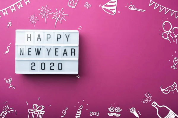 Happy New Year 2020 light box with Doodle party item ornaments — 스톡 사진