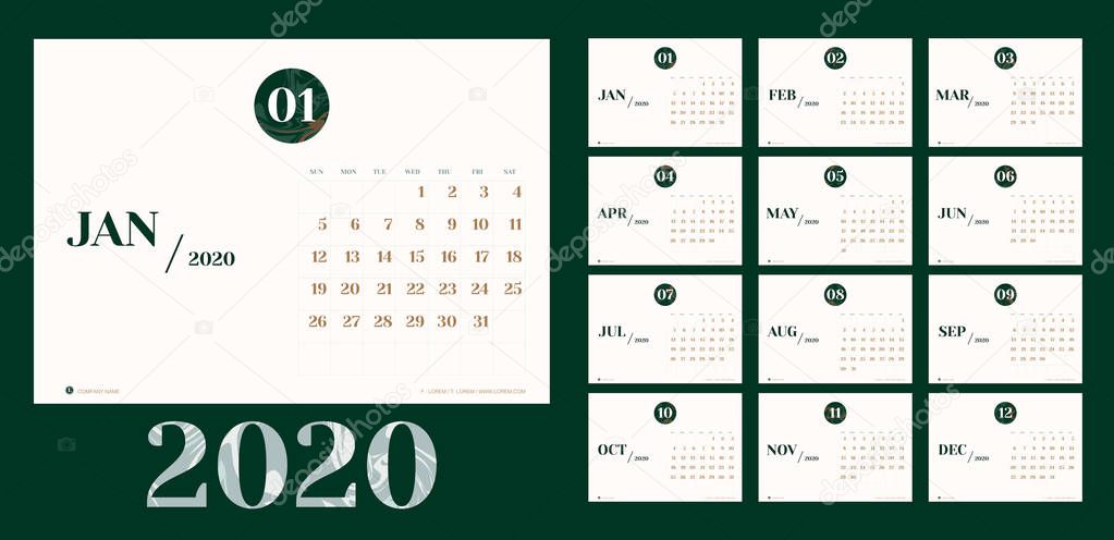 Vector 2020 new year calendar planner template in minimal table 