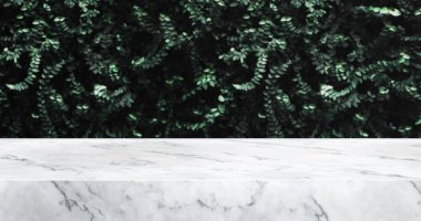 marble texture table and green leaf wall product display backgro