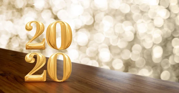 Feliz año nuevo 2020 brillante oro (3d renderizado) en el ángulo de madera ta — Foto de Stock