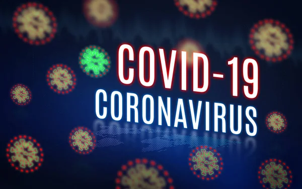 covid-19 coronavirus text with droplet virus illustration airborne over world map on blue city background.danger disease cause for illness