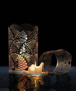 İki altın, açılış çalışması, dekoratif şamdanlar, ayrı, yanan, yansımalı suyla çevrili kül mumlar, ve suyun üzerinde güzel gölgeler, gece gizemli, mistik bir atmosfer yaratıyor. 3d oluşturma