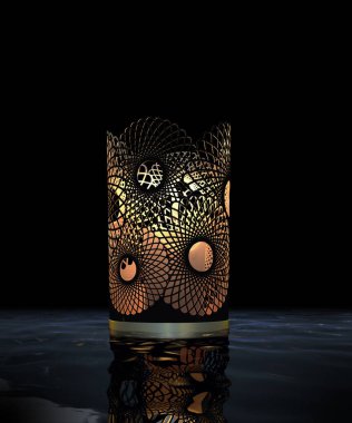 Altın, açılış, dekoratif şamdan içinde yanan bir mum, yansıma ve güzel gölgelerle çevrili, geceleri gizemli, mistik bir atmosfer yaratıyor. 3d oluşturma.