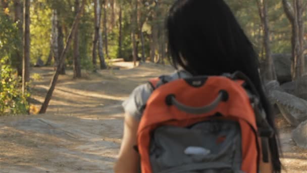 Perempuan pejalan kaki berbalik di hutan — Stok Video