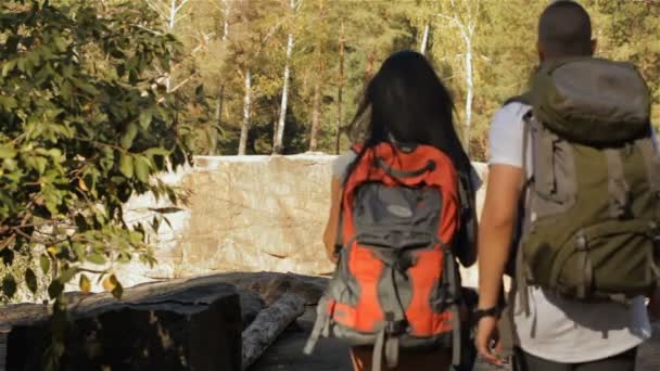 Un par de excursionistas caminan cerca del acantilado — Vídeos de Stock