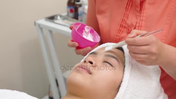 Cosmetologist aplica máscara facial rosto feminino — Vídeo de Stock