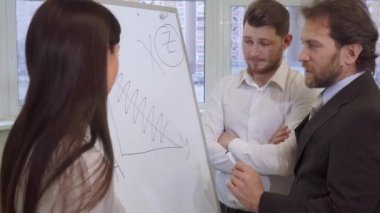 İşadamı explaines ortakları için flip grafikteki bir şey