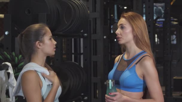Веселые подруги дают пять после тренировки в спортзале вместе — стоковое видео