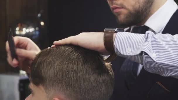 Primer plano de un peluquero profesional rociando el cabello de un cliente con agua — Vídeo de stock