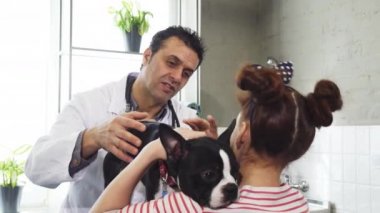 Olgun profesyonel veteriner köpeği sevişme sırasında küçük bir kızla konuşurken