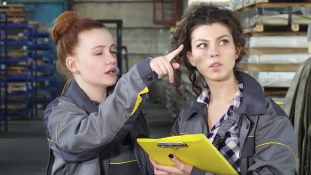 Привлекательная женщина-инженер разговаривает со своим коллегой на фабричном складе — стоковое видео