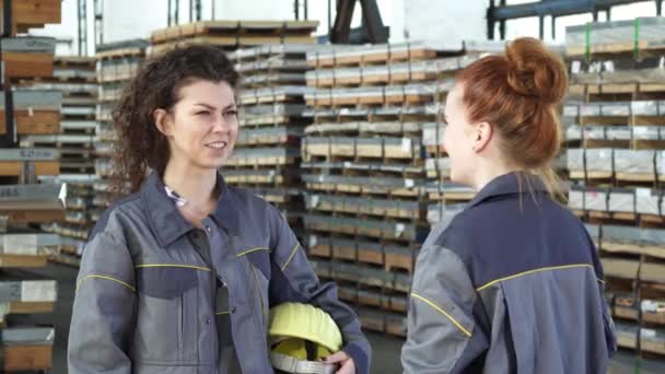 Piękne kobiece fabryki pracownik wysoki fiving z jej kolega — Wideo stockowe