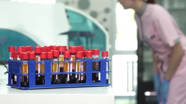 Blood samples in test tubes on the foreground copy space on the side — Stock Video