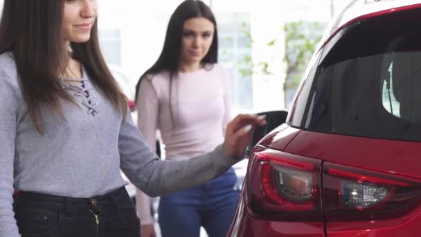 Recorte de dos mujeres eligiendo coches en el concesionario — Vídeos de Stock
