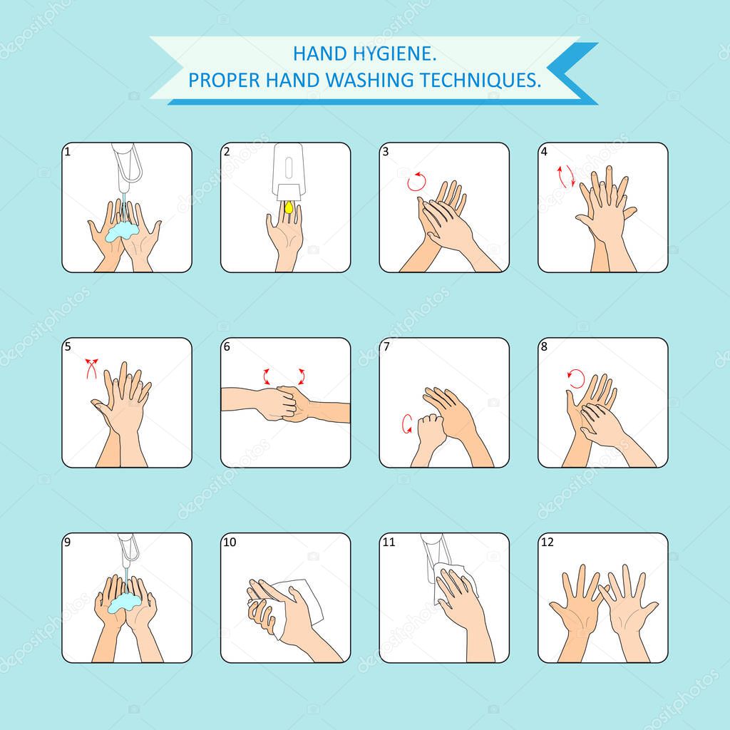 Color infographics of hand washing hygiene in vector. Instructions, stand for personal hygiene hand washing step by step, for the prevention of diseases and a healthy lifestyle.