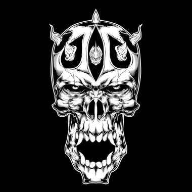 Şeytan, şeytan, şeytan, şeytan boynuzlu ayrıntılı grafik el çizim vektörü