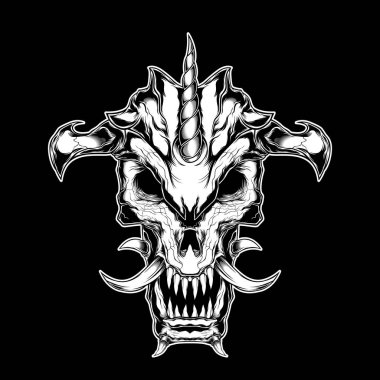 Şeytan, şeytan, şeytan, şeytan boynuzlu ayrıntılı grafik el çizim vektörü