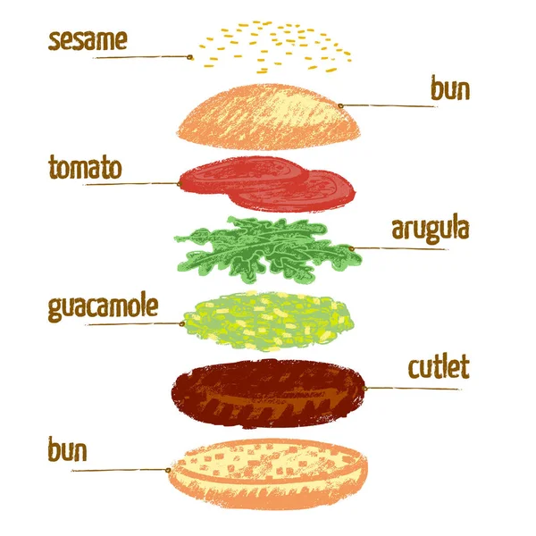 Zutaten von Guacamole-Burger — Stockvektor