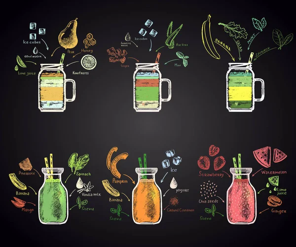 Différents smoothies en bouteilles avec des ingrédients — Image vectorielle