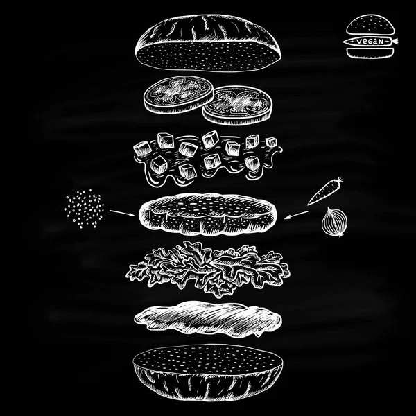 Chalk digambar burger wortel vegan - Stok Vektor