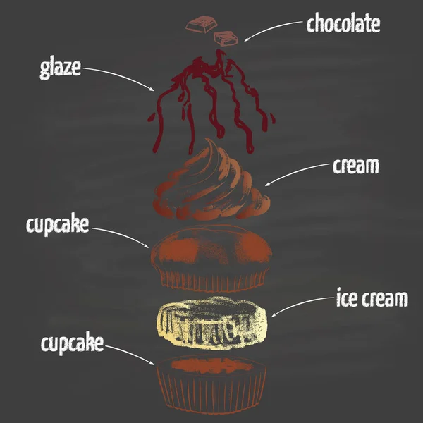 Cupcake de sorvete de chocolate com ingredientes Ilustração De Stock