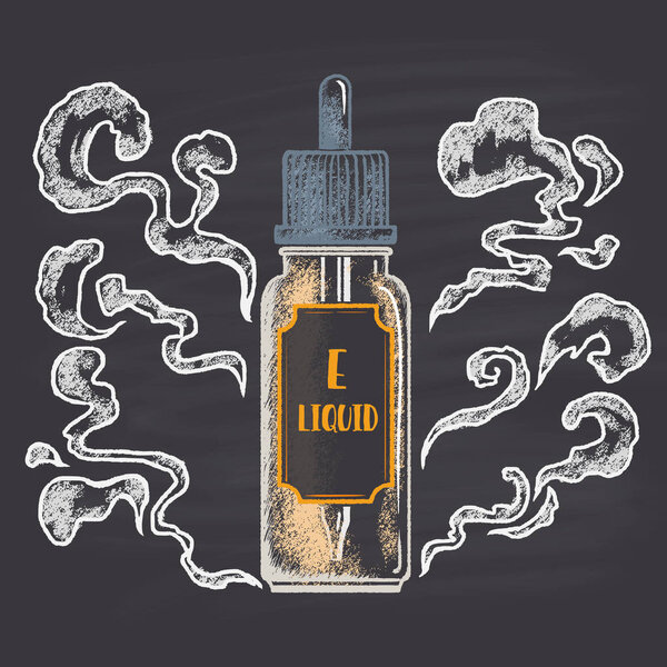 Bottle of E-liquid surrounded by smoke