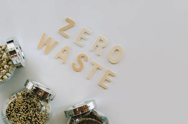 Zero Waste Word White Background Grain Glass Jar — Stok Foto