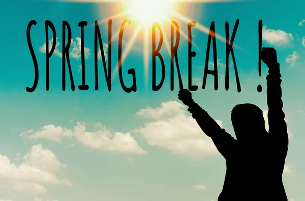 Silhouette Homme Dans Célébration Pose Avec Spring Break Mot — Photo