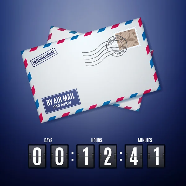 Luftpost-Umschlag mit Briefmarke und Flip-Countdown-Timer — Stockvektor