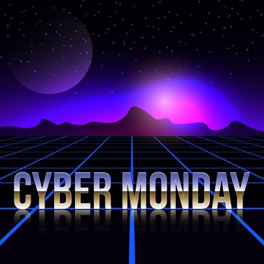 Cyber Pazartesi retro futuristik arka plan.